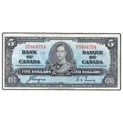 SOLD $5 1937 Bank of Canada Note Coyne-Towers H/S Prefix BC-23c - Writing