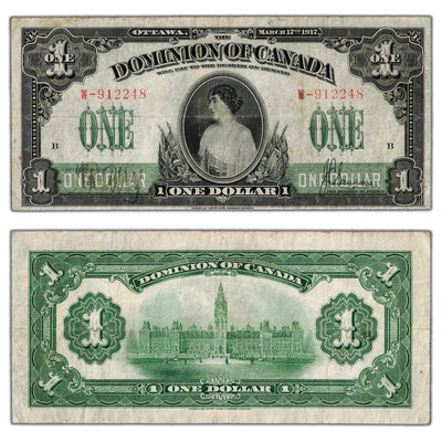SOLD $1 1917 Dominion of Canada Note Series W DC-23b - Fine+ (pressed)