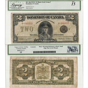 SOLD $2 1923 Dominion of Canada Note Black Seal Series U DC-26j - Legacy F-15