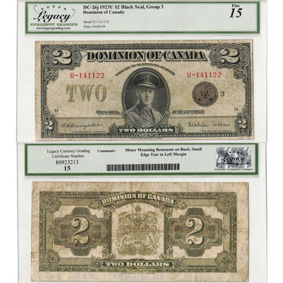 SOLD $2 1923 Dominion of Canada Note Black Seal Series U DC-26j - Legacy F-15