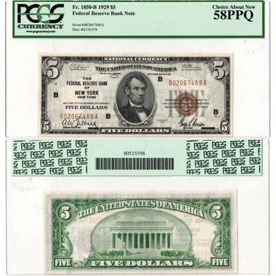 SOLD United States 1929 $5 National Note New York Fr. #1850-B - PCGS AU-58 PPQ