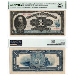 SOLD $1 1920 Government of Newfoundland Note NF-12d - PMG VF-25