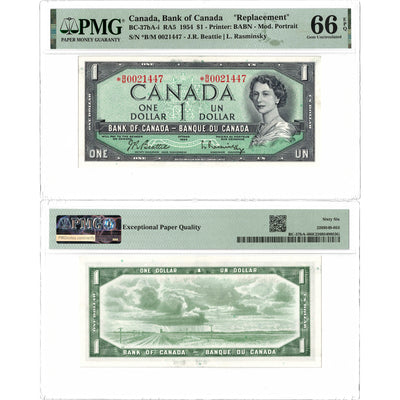 SOLD $1 1954 Bank of Canada Note *B/M Replacement Prefix BC-37bA-i - PMG Gem UNC-66 EPQ