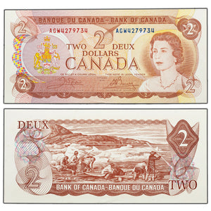 SOLD $2 1974 Bank of Canada Note Crow-Bouey AGW Prefix BC-47b - AU