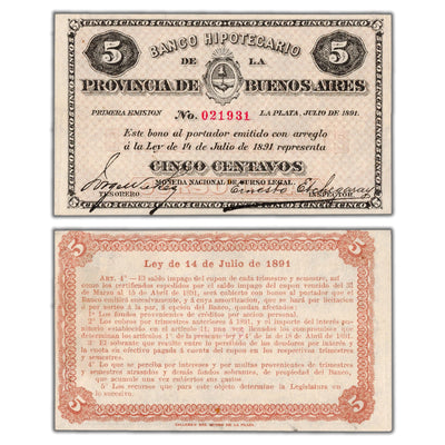 Argentina Banco Hipotecario 1891 5 Centavos Note P #S611 - AU