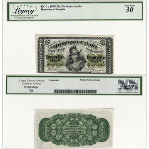 25 Cents 1870 Dominion of Canada Shinplaster Note Plain DC-1c - Legacy VF-30