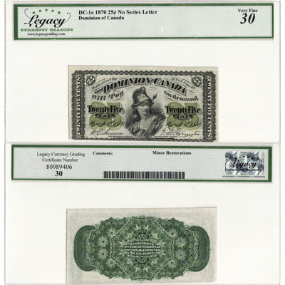 25 Cents 1870 Dominion of Canada Shinplaster Note Plain DC-1c - Legacy VF-30