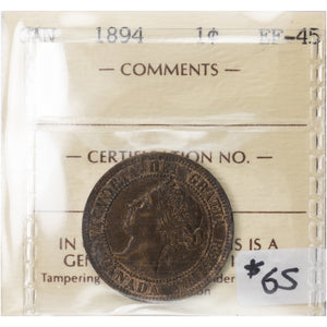 SOLD Canada 1894 1 Large Cent Coin - ICCS EF-45