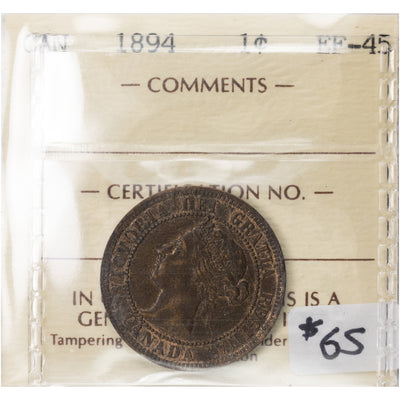 SOLD Canada 1894 1 Large Cent Coin - ICCS EF-45