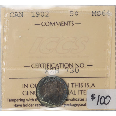 SOLD Canada 1902 5 Cents Silver Coin - ICCS MS-64