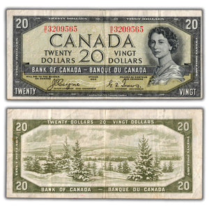 SOLD $20 1954 Bank of Canada Note Devil Face B/E Changeover Prefix BC-33a - VF