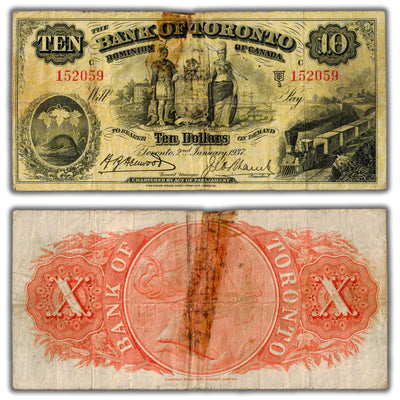 SOLD $10 1937 Bank of Toronto Canada Chartered Note #715-24-10 - Tape Residue