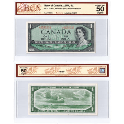 SOLD $1 1954 Bank of Canada Note O/L Prefix Solid Serial 5555555 BC-37a-N1-i - BCS AU-50