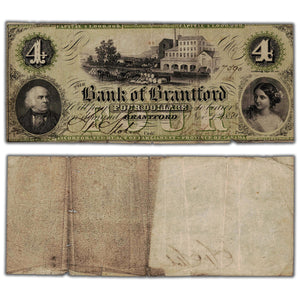 SOLD $4 1859 Bank of Brantford Canada Chartered Note CH #40-10-04-06 - Edge Tears