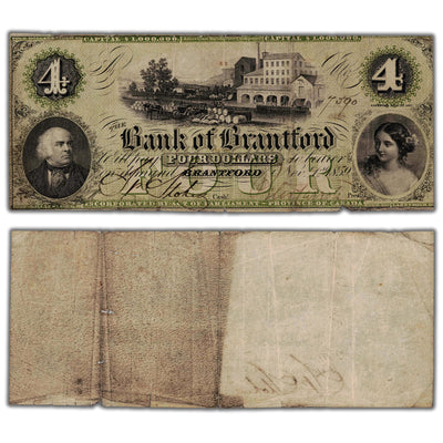 SOLD $4 1859 Bank of Brantford Canada Chartered Note CH #40-10-04-06 - Edge Tears