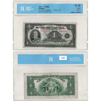 $1 1935 Bank of Canada Note English Text Letter A BC-1 -  CCCS VF-20