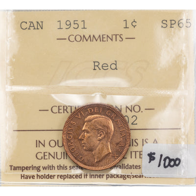 SOLD Canada 1951 1 Small Cent Coin - ICCS Specimen SP-65 Red