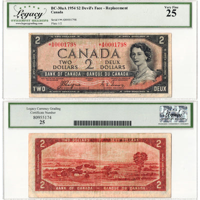 SOLD $2 1954 Bank of Canada Note Devil Face Replacement BC-30aA - Legacy VF-25