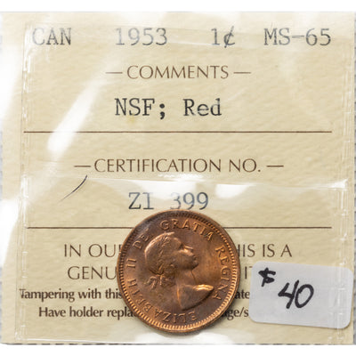 SOLD Canada 1953 NSF 1 Small Cent Coin - ICCS MS-65 Red