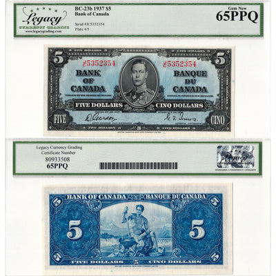 $5 1937 Bank of Canada Note Gordon-Towers J/C Prefix BC-23b - Legacy Gem UNC-65 PPQ