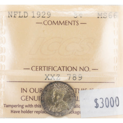 Newfoundland 1929 5 Cents Silver Coin - ICCS MS-66