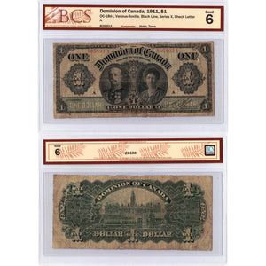 SOLD $1 1911 Dominion of Canada Note Black Line Series X DC-18d-i - BCS G-6