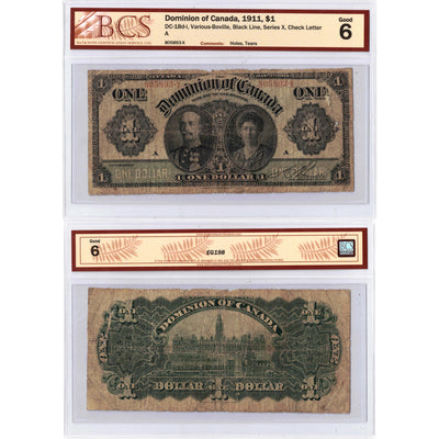 SOLD $1 1911 Dominion of Canada Note Black Line Series X DC-18d-i - BCS G-6