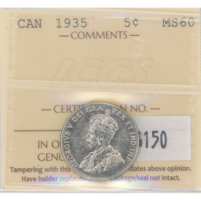 Canada 1935 5 Cents Nickel Coin - ICCS MS-60