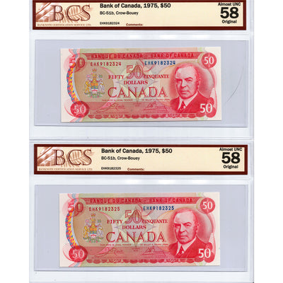 SOLD $50 1975 Bank of Canada Notes EHK Prefix BC-51b - BCS AU-58 2 Consecutive