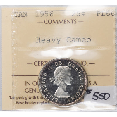 Canada 1956 25 Cents Quarter Silver Coin - ICCS PL-66 Heavy Cameo