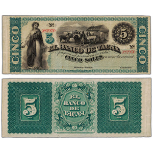 Peru El Banco de Tacna 1870's 5 Soles Remainder Note P #S384r - EF/AU