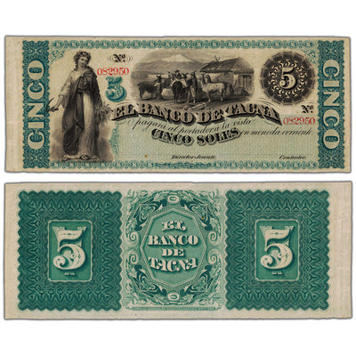 Peru El Banco de Tacna 1870's 5 Soles Remainder Note P #S384r - EF/AU