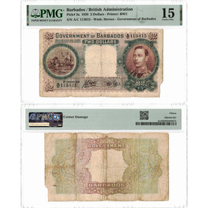 SOLD Barbados 1938 $2 Two Dollars Note P #3a - PMG F-15 (missing corner)