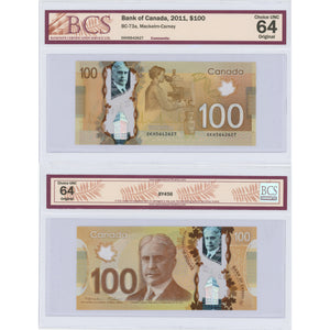 SOLD $100 2011 Bank of Canada Note Mackelm-Carney EKH Prefix BC-73a - BCS UNC-64