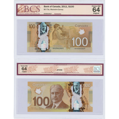 SOLD $100 2011 Bank of Canada Note Mackelm-Carney EKH Prefix BC-73a - BCS UNC-64