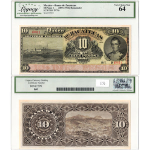 Mexico Banco De Zacatecas ND (1891-1914) 10 Ten Pesos Remainder Note P #S476r - Legacy UNC-64