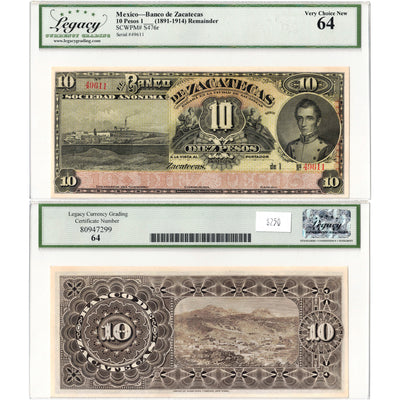 Mexico Banco De Zacatecas ND (1891-1914) 10 Ten Pesos Remainder Note P #S476r - Legacy UNC-64