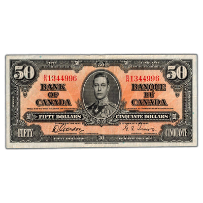 SOLD $50 1937 Bank of Canada Note Gordon-Towers B/H Prefix BC-26b - VF