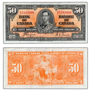 SOLD $50 1937 Bank of Canada Note Coyne-Towers B/H Prefix BC-26c - VF/EF