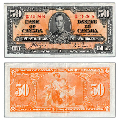 SOLD $50 1937 Bank of Canada Note Coyne-Towers B/H Prefix BC-26c - VF/EF