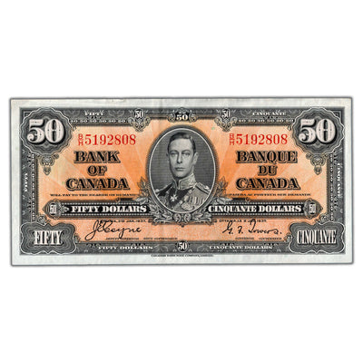 SOLD $50 1937 Bank of Canada Note Coyne-Towers B/H Prefix BC-26c - VF/EF