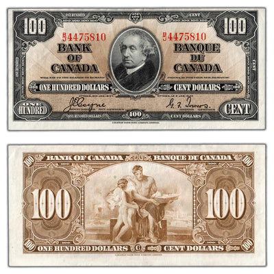SOLD $100 1937 Bank of Canada Note Coyne-Towers B/J Prefix BC-27c - Abt. EF