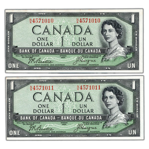 SOLD $1 1954 Bank of Canada Notes Devil Face N/A Prefix BC-29b - 2 Consec AU/UNC