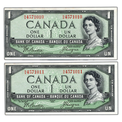 SOLD $1 1954 Bank of Canada Notes Devil Face N/A Prefix BC-29b - 2 Consec AU/UNC