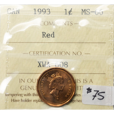 Canada 1993 1 Small Cent Coin - ICCS MS-66 Red