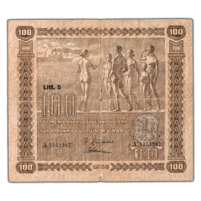 Finland 1939 100 Markkaa Note P #73a - Hole/Tear