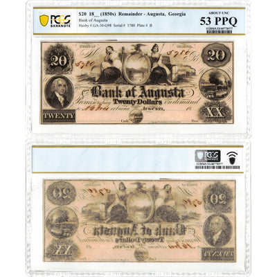 SOLD United States 1850's $20 Bank of Augusta Remainder Note - PCGS AU-53 PPQ