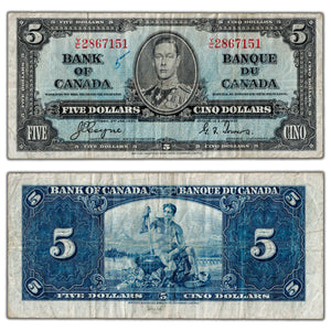 SOLD $5 1937 Bank of Canada note Coyne-Towers Y/C Prefix BC-23c - Writing