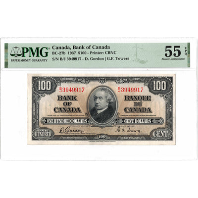 SOLD $100 1937 Bank of Canada Note Gordon-Towers B/J Prefix BC-27b - PMG AU-55 EPQ