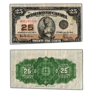 SOLD 25 Cents 1923 Dominion of Canada Note Shinplaster Hyndman DC-24a - Two Tears/Holes